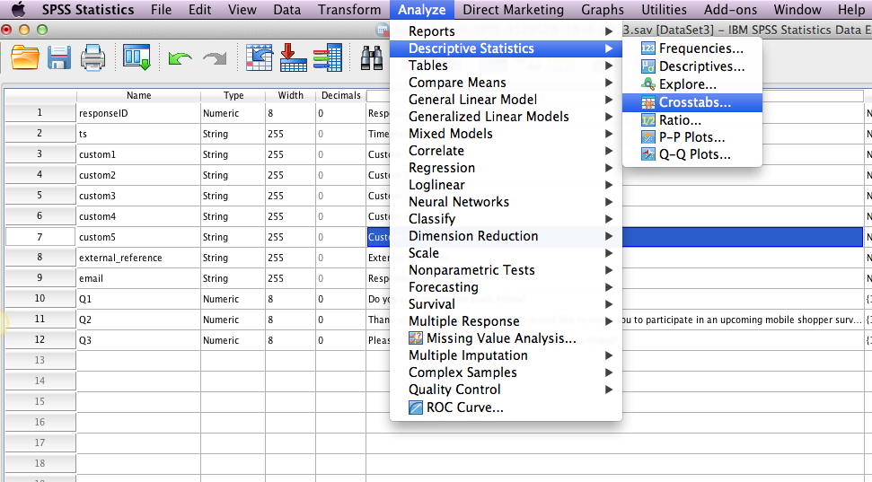 SPSS Menu for Crosstabs